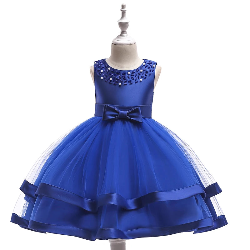Toddler girls royal blue special occasion dress for wedding party guest with beaded neckline and bow waist