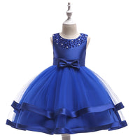 Toddler girls royal blue special occasion dress for wedding party guest with beaded neckline and bow waist