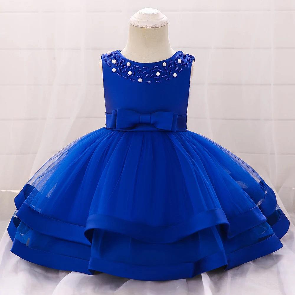 toddler blue special occasion dress for wedding party guest with pearl embellishments and bow detail