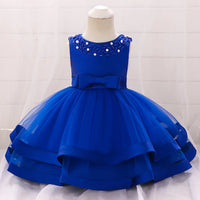 royal blue babies toddlers special occasion dress with pearl embellishments and bow perfect dress for wedding party guest