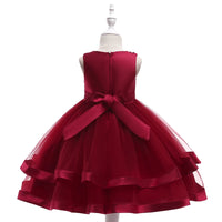 toddler sleeveless burgundy special occasion dress with bow and layered tulle skirt dress for wedding party guest