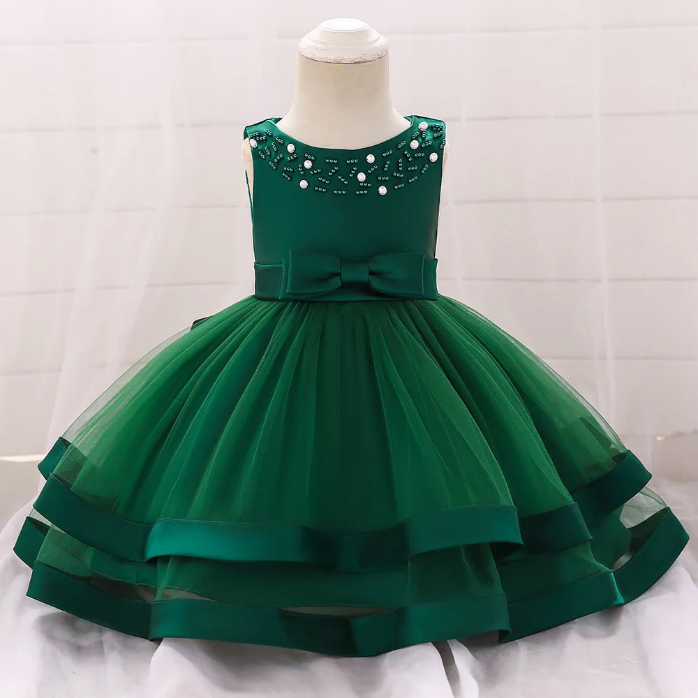 Green babies toddlers special occasion dress with pearl embellishments and bow detail dress for wedding party guest
