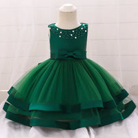 Green babies toddlers special occasion dress with pearl embellishments and bow detail dress for wedding party guest