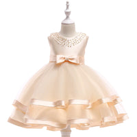 Cream-colored babies toddler special occasion dress with pearl neckline and bow, dress for wedding party guest