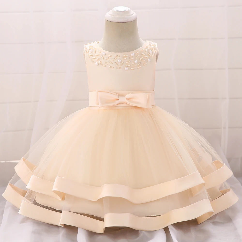 cream babies special occasion dress with pearl neckline and bow waist dress for wedding party guest