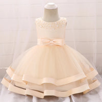 cream babies special occasion dress with pearl neckline and bow waist dress for wedding party guest