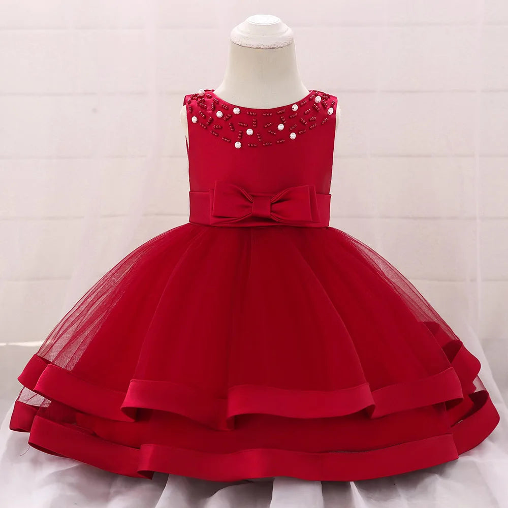 Toddler girls red special occasion dress for wedding party guest with beaded neckline and bow detail