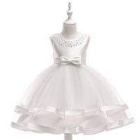 White sleeveless babies special occasion dress with bow and beaded neckline perfect dress for wedding party guest