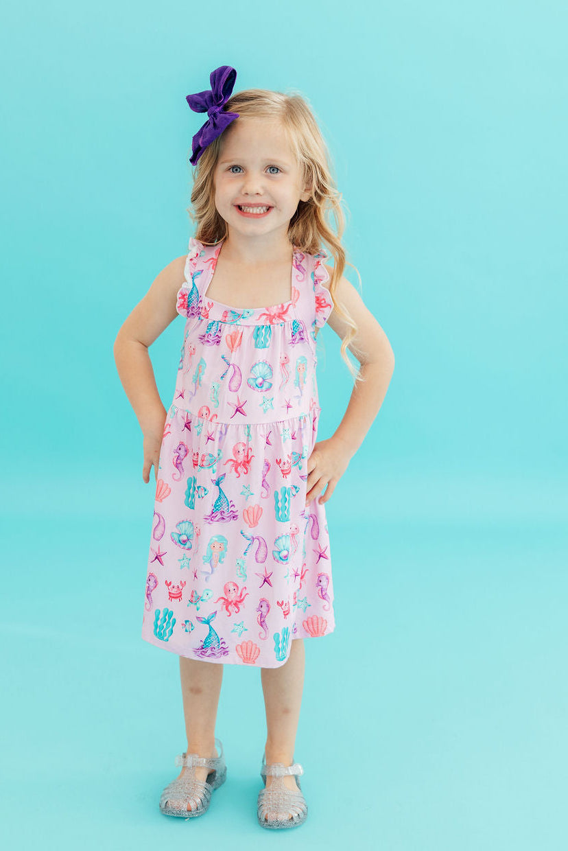 Toddler girl pink dress ruffle with sea creature prints and cross back by Mila & Rose