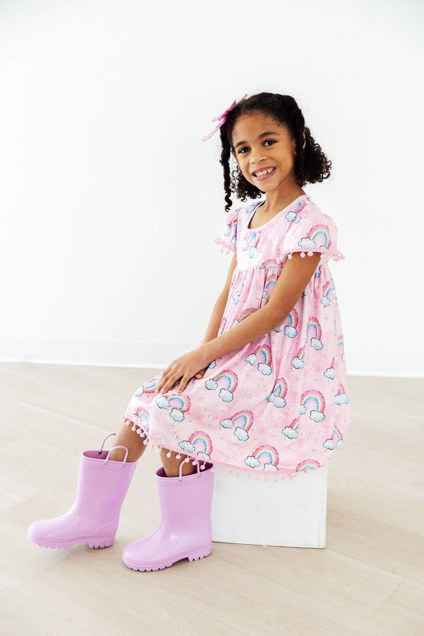 Toddler girls pink pom pom dress with rainbow print and short sleeves by Mila & Rose