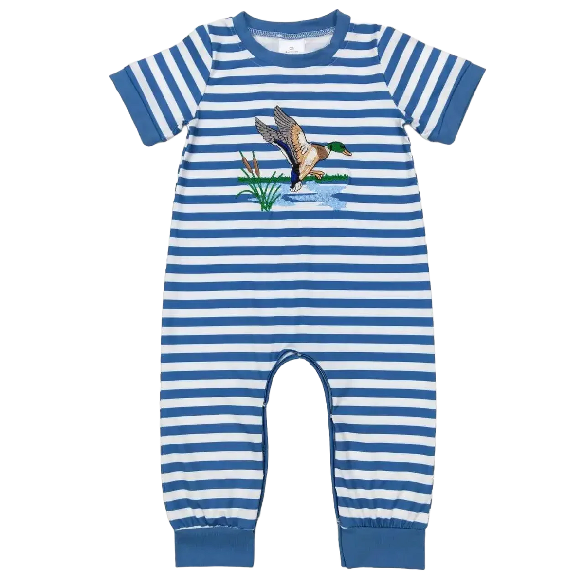 Blue and white striped baby duck romper with flying duck design, short sleeve