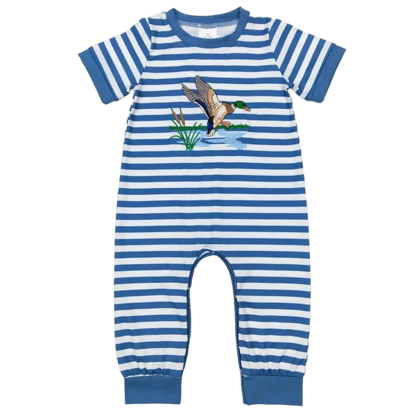 Blue and white striped baby duck romper with flying duck design, short sleeve