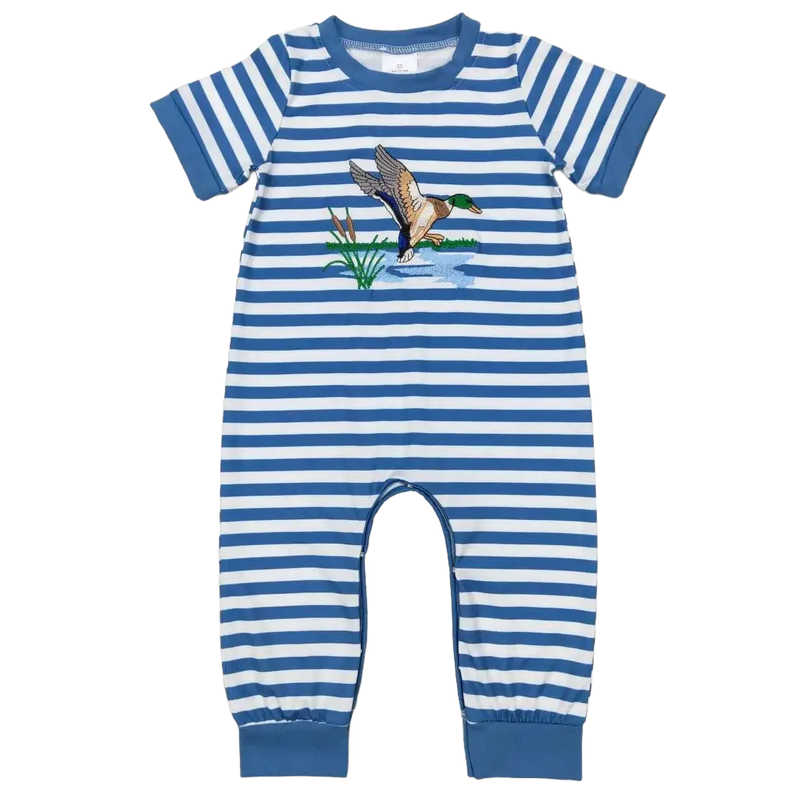 Blue and white striped baby duck romper with flying duck design, short sleeve
