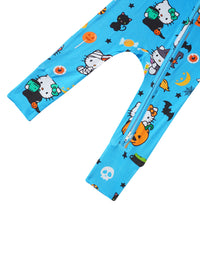 Pencil case with Halloween-themed design on a blue background