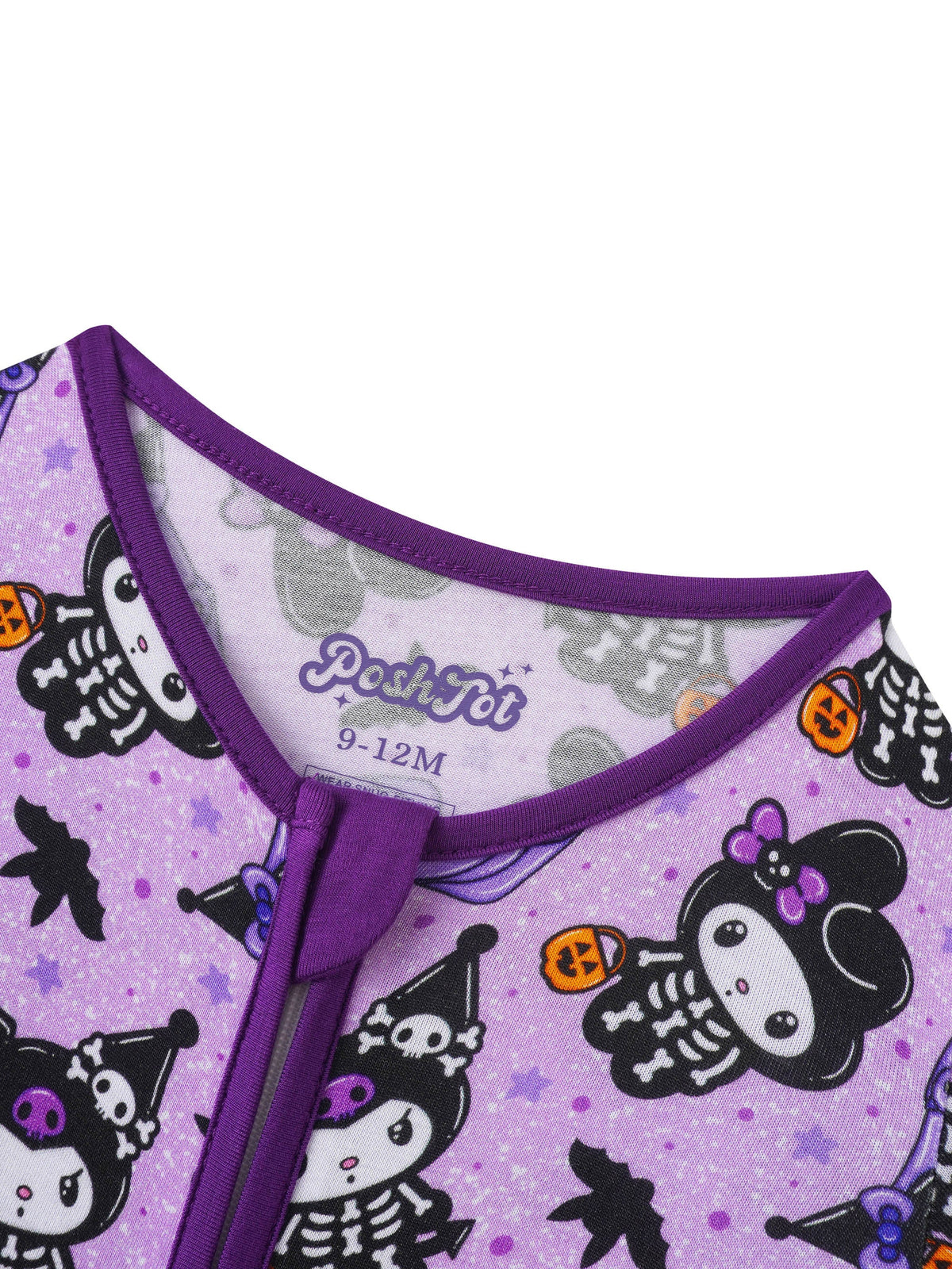 Close-up of purple ribbed collar, zipper placket, and printed neck label reading PoshTOT 9-12M