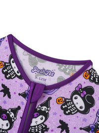 Close-up of purple ribbed collar, zipper placket, and printed neck label reading PoshTOT 9-12M