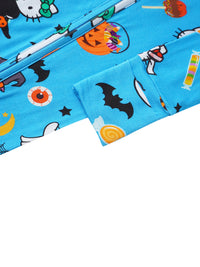 Halloween-themed fabric with pumpkins, ghosts, and bats on a blue background