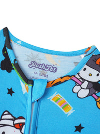 Close-up of a blue children's outfit with cartoon character print and 'Posh Tot' branding.