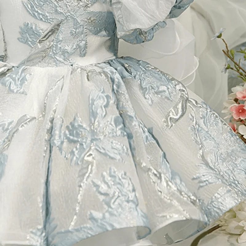 elegant little girls brocade dress in white with blue floral embroidery for infants