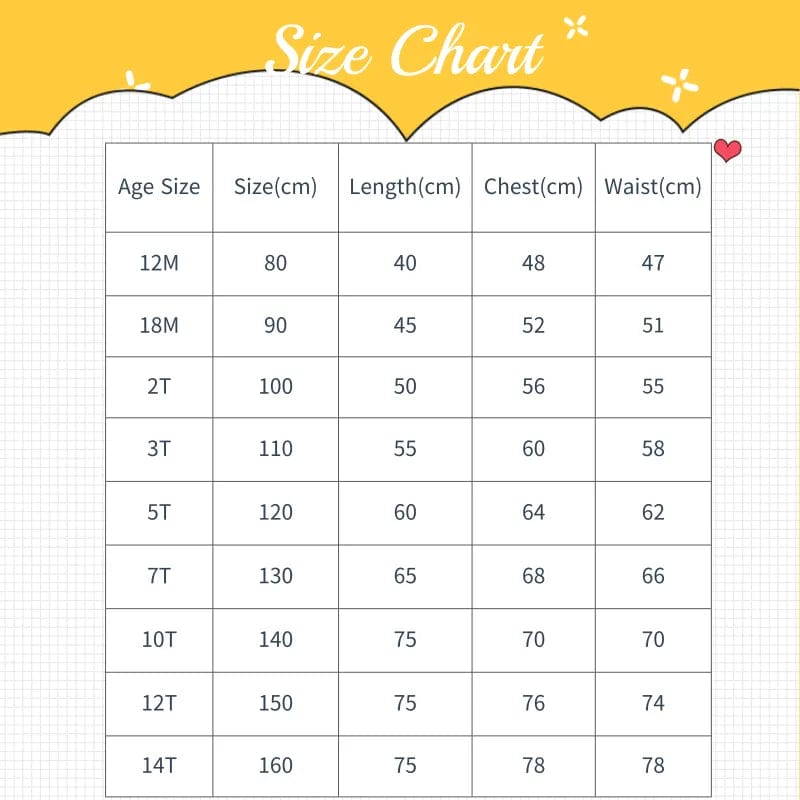Size chart for babies and kids clothing showing age, size, length, chest, and waist measurements in centimeters