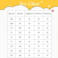 Size chart for babies and kids clothing showing age, size, length, chest, and waist measurements in centimeters