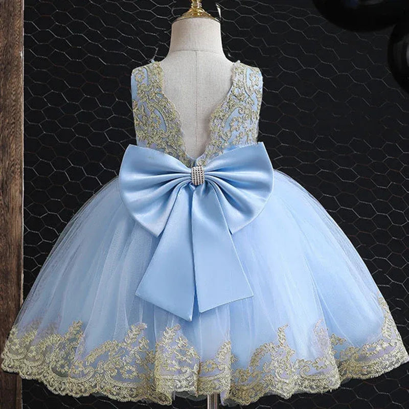 Leah Pink Elegant V-Back Party Dress with Gold Lace Bow