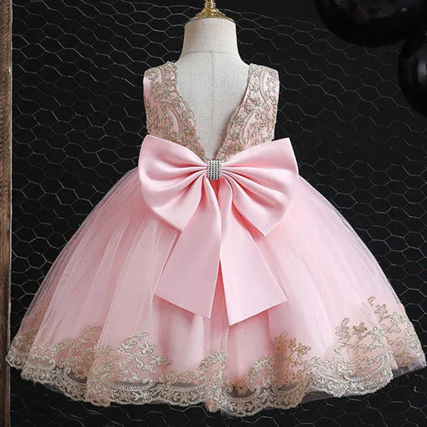 Leah Pink V-Back Party Dress for Little Girls