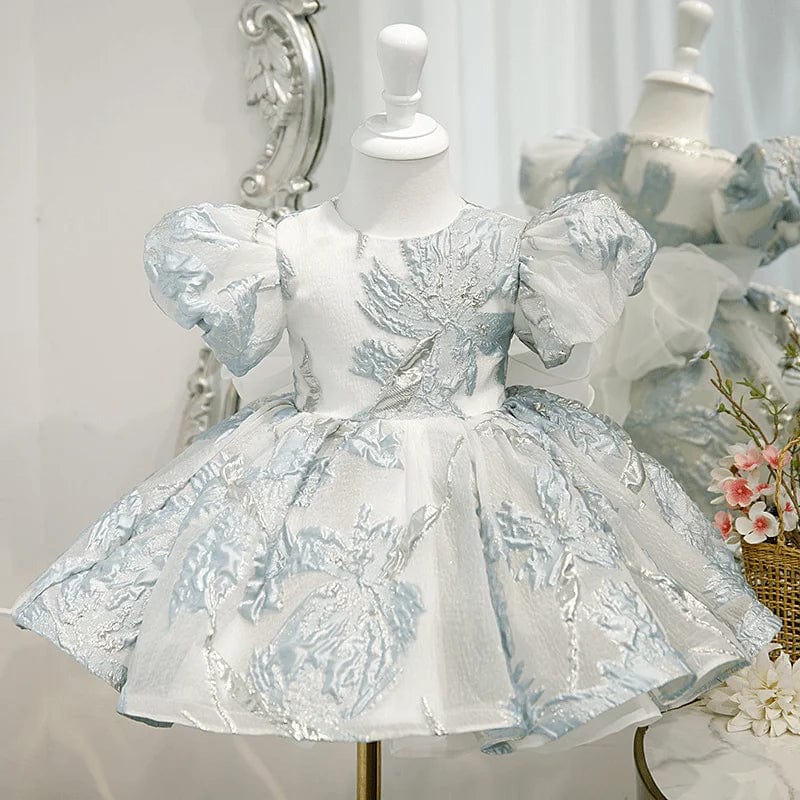Elegant little girls brocade dress in white and light blue with puff sleeves for babies