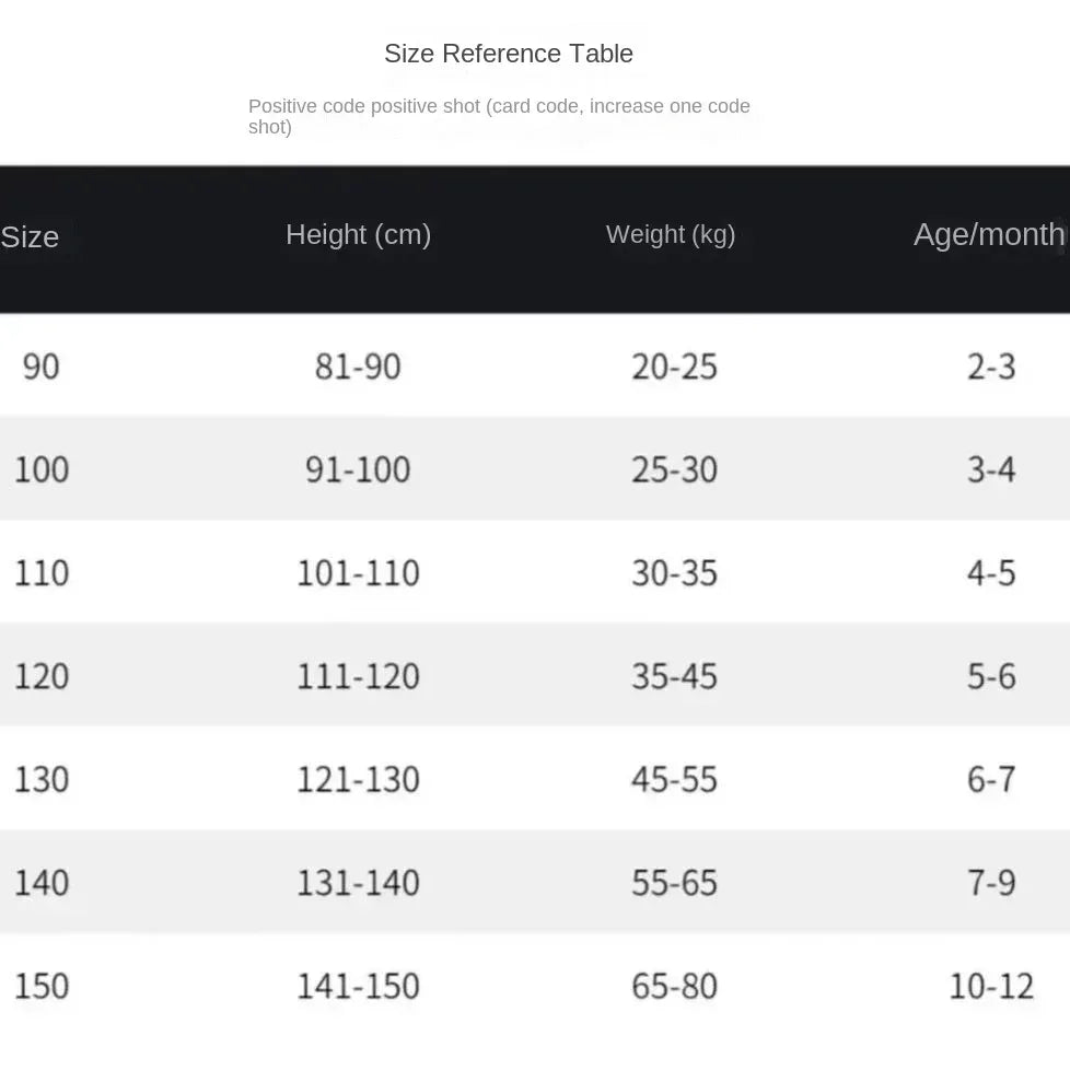 Size reference table for toddlers from 2 to 12 months showing height, weight, and age in months
