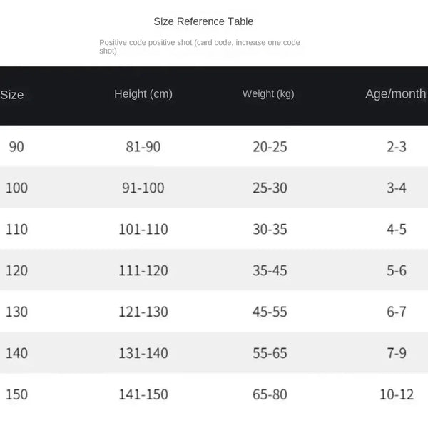 Size reference table for toddlers from 2 to 12 months showing height, weight, and age in months