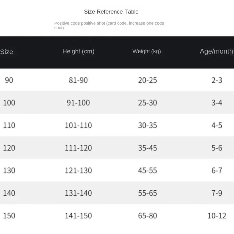 Size reference table for toddlers from 2 to 12 months showing height, weight, and age in months