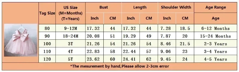 Size chart for the Elegant V back dress for girls in light pink with bow detail for ages 6 months to 5 years