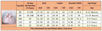 Size chart for the Elegant V back dress for girls in light pink with bow detail for ages 6 months to 5 years