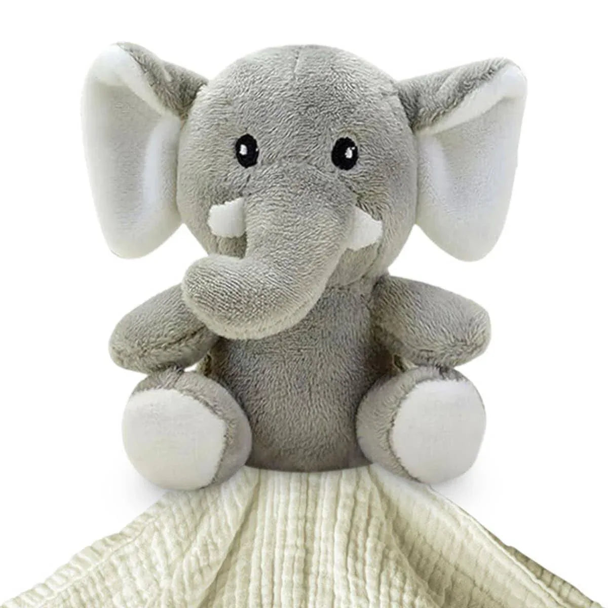 Gray and white plush elephant security blanket toy made of soft fabric by Me Lovey