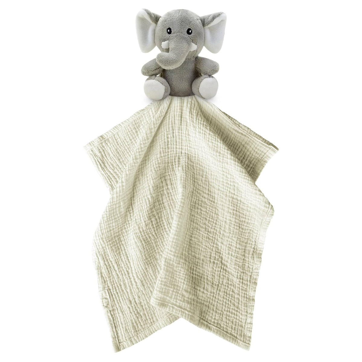 Gray plush elephant security blanket toy with soft cream-colored cotton blanket by Me Lovey