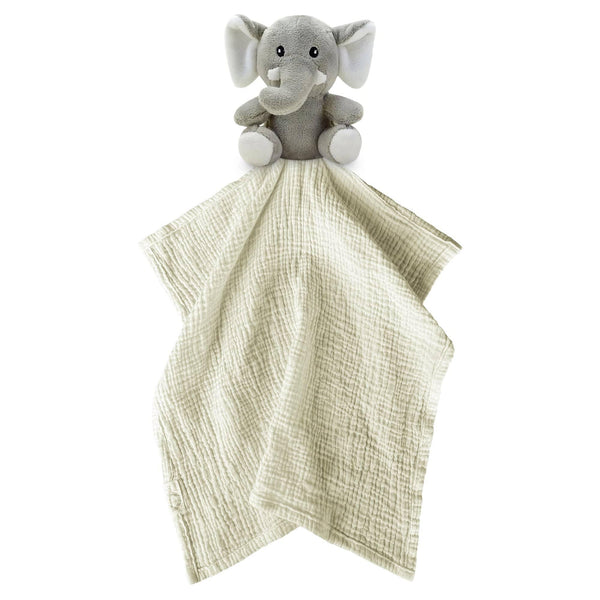 Gray plush elephant security blanket toy with soft cream-colored cotton blanket by Me Lovey