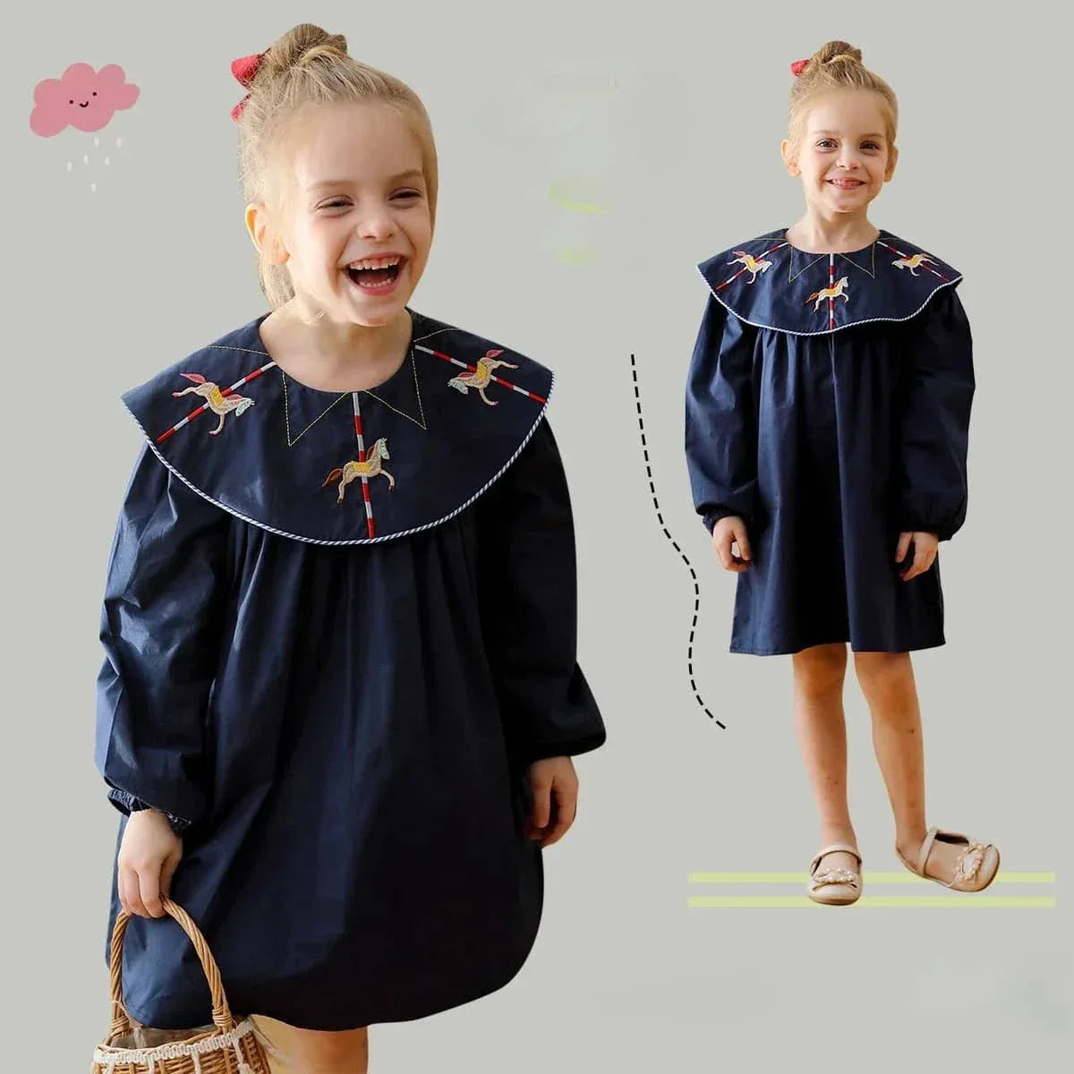 Young girl wearing navy embroidered dress for little girls holding a basket and smiling