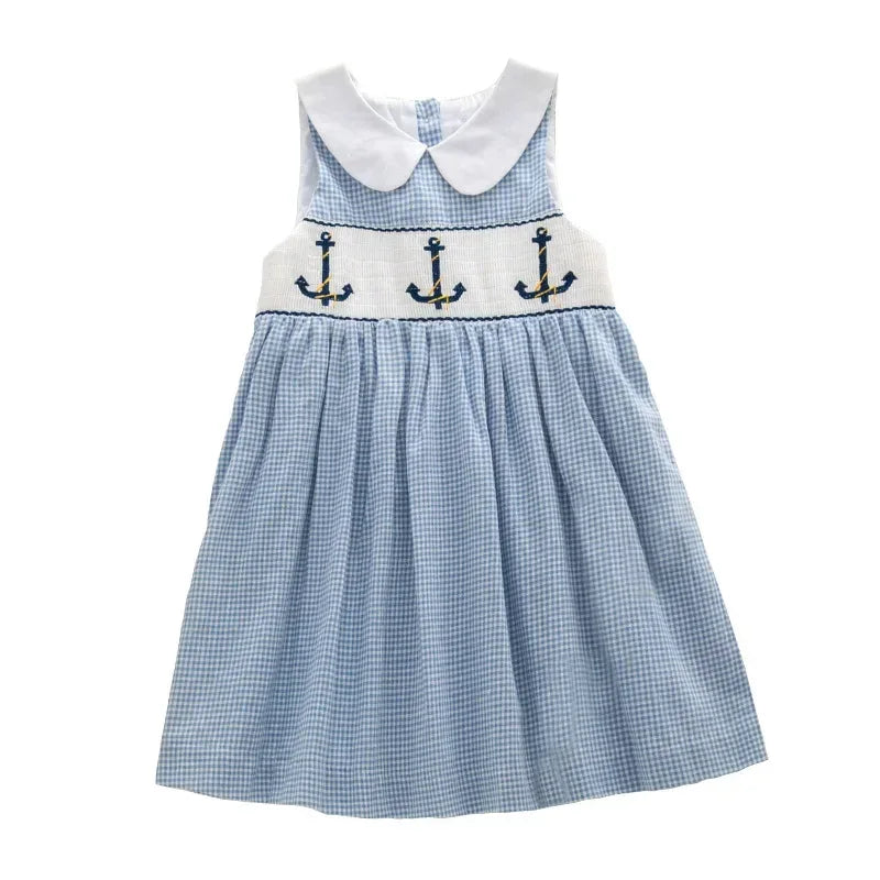 blue checkered embroidered girls party dress with white collar for toddlers