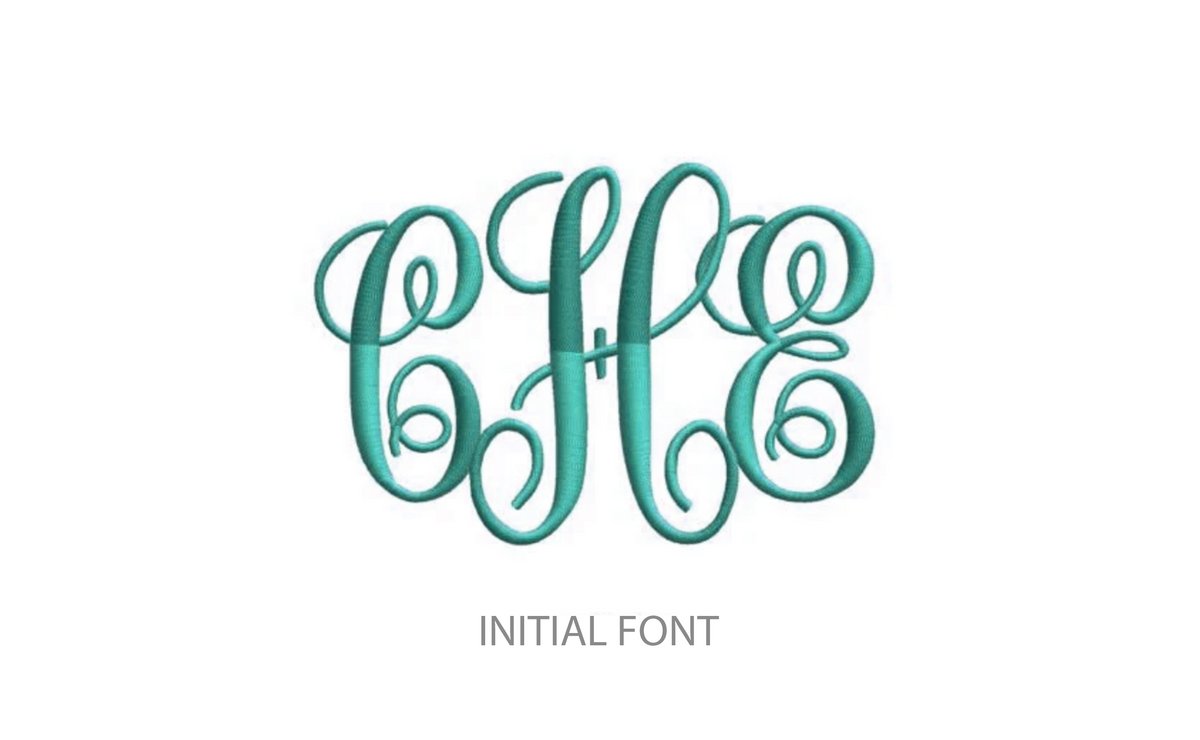 Teal embroidered monogram initial font sample for custom baby pink newborn take me home set gown