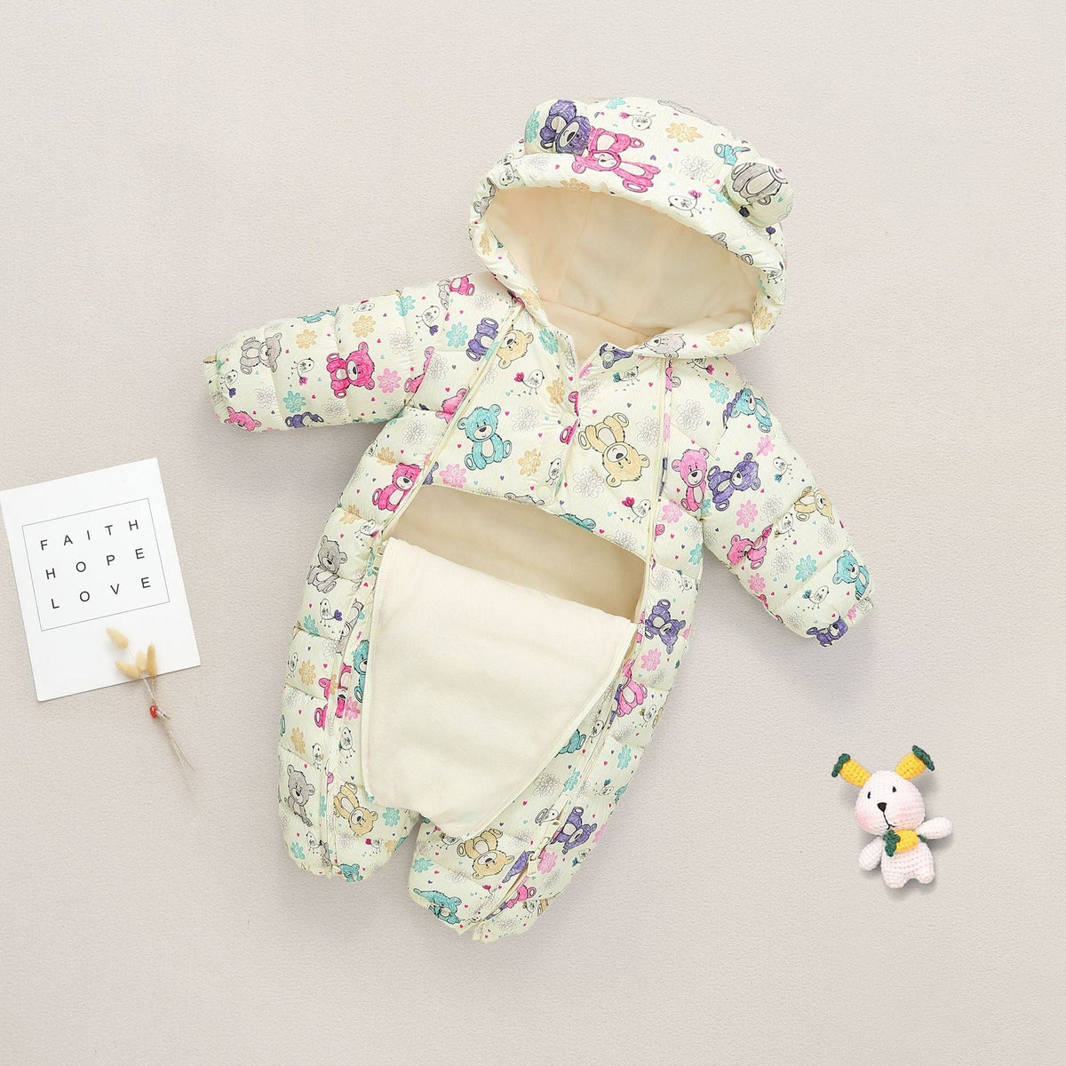 babies and kids clothing Beige Colorful Bear / 73cm Quilted Hooded Fleece-Lined Baby's Romper -The Palm Beach Baby