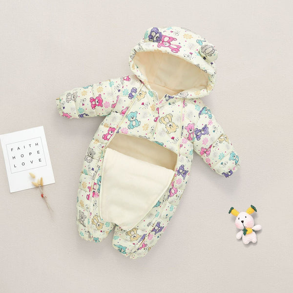 babies and kids clothing Beige Colorful Bear / 73cm Quilted Hooded Fleece-Lined Baby's Romper -The Palm Beach Baby