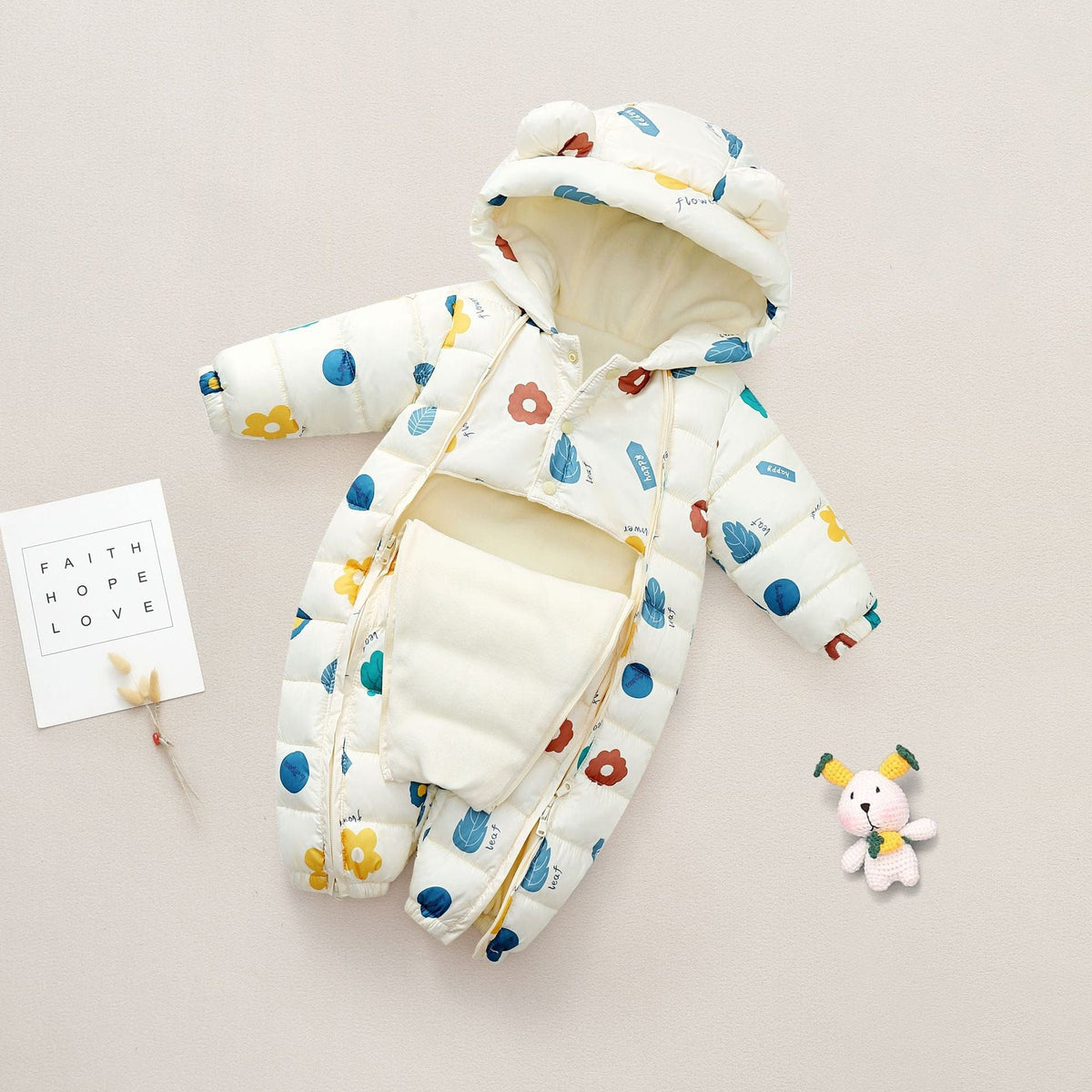 babies and kids clothing Beige Flower / 73cm Quilted Hooded Fleece-Lined Baby's Romper -The Palm Beach Baby