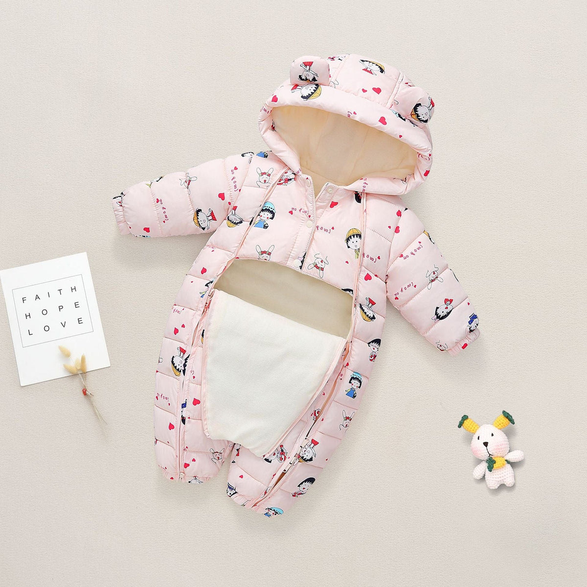 babies and kids clothing Pink Heart / 73cm Quilted Hooded Fleece-Lined Baby's Romper -The Palm Beach Baby