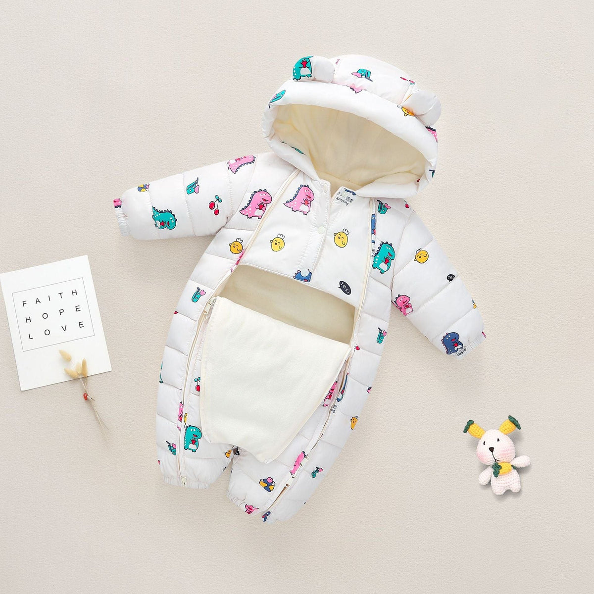 babies and kids clothing White Dinosaur / 73cm Quilted Hooded Fleece-Lined Baby's Romper -The Palm Beach Baby