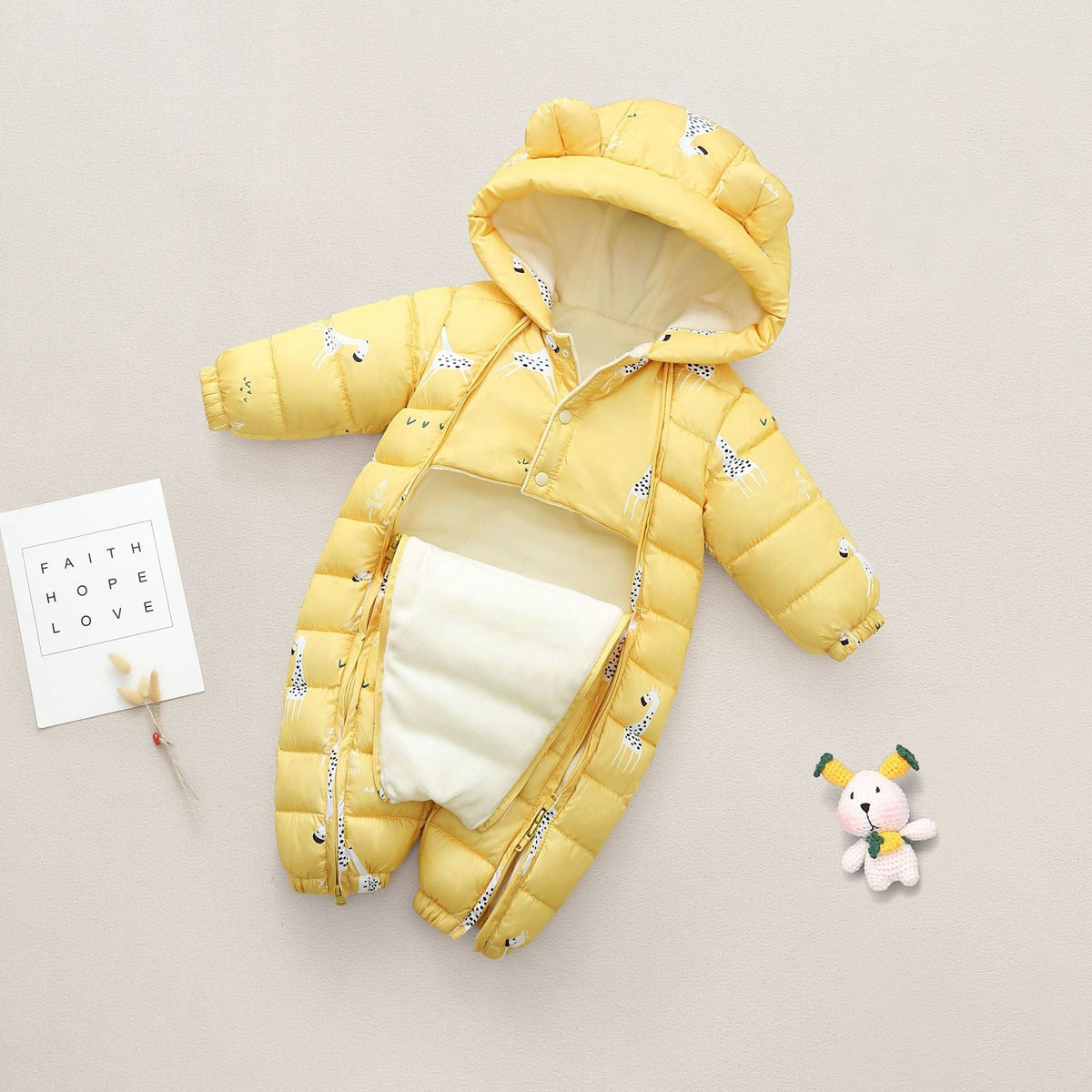 babies and kids clothing Yellow Deer / 73cm Quilted Hooded Fleece-Lined Baby's Romper -The Palm Beach Baby