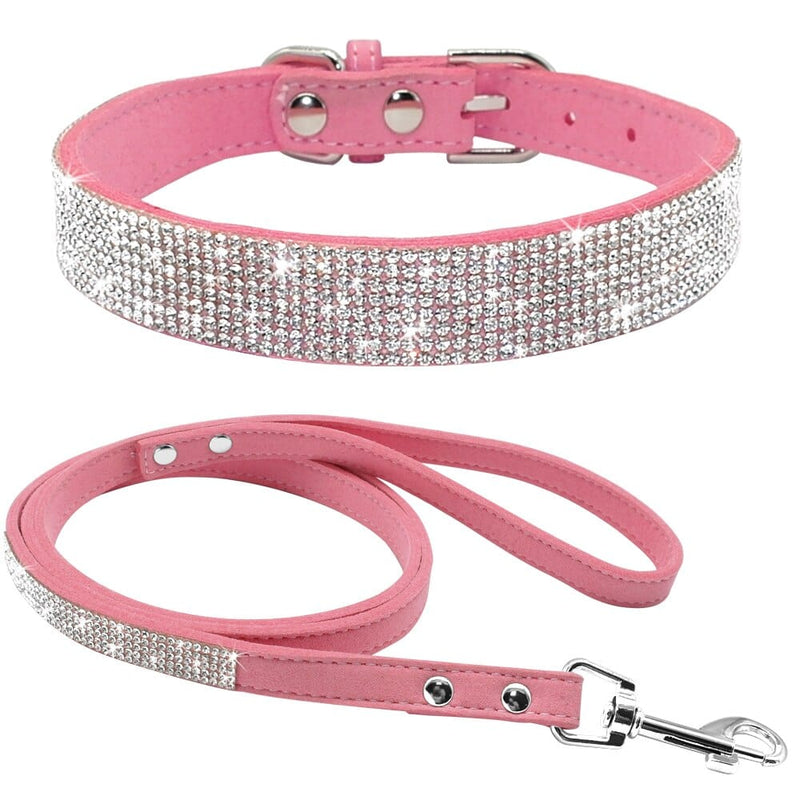 collar and leash set Pink / XS Adjustable Suede Leather Puppy Dog Collar Leash Set Soft Rhinestone -The Palm Beach Baby