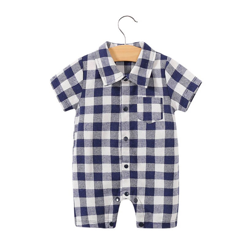 babies and kids clothing 3002 Blue Grid / 59cm "Joshua" Boy's Plaid Romper -The Palm Beach Baby