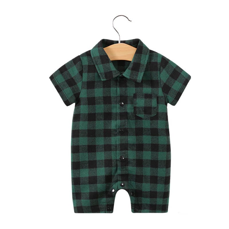 babies and kids clothing 3002 green grid / 59cm "Joshua" Boy's Plaid Romper -The Palm Beach Baby