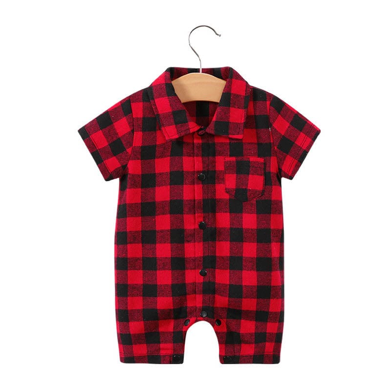 babies and kids clothing 3002 red grid / 59cm "Joshua" Boy's Plaid Romper -The Palm Beach Baby