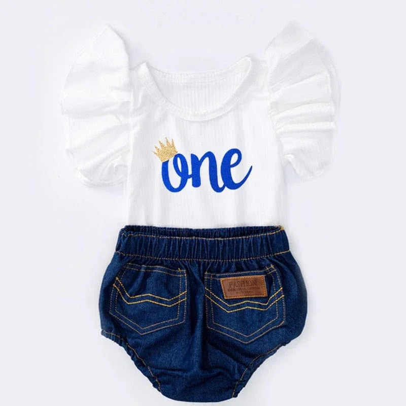 "Pamela-Ann" Baby Girl Birthday Outfit - 2 PC Embroidered Denim Bloomers Set - The Palm Beach Baby